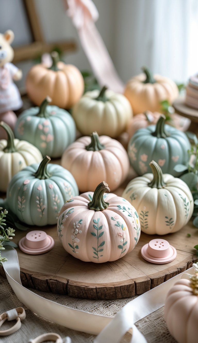 A collection of small hand-painted pumpkins arranged on a wooden table with baby shower decorations around them.